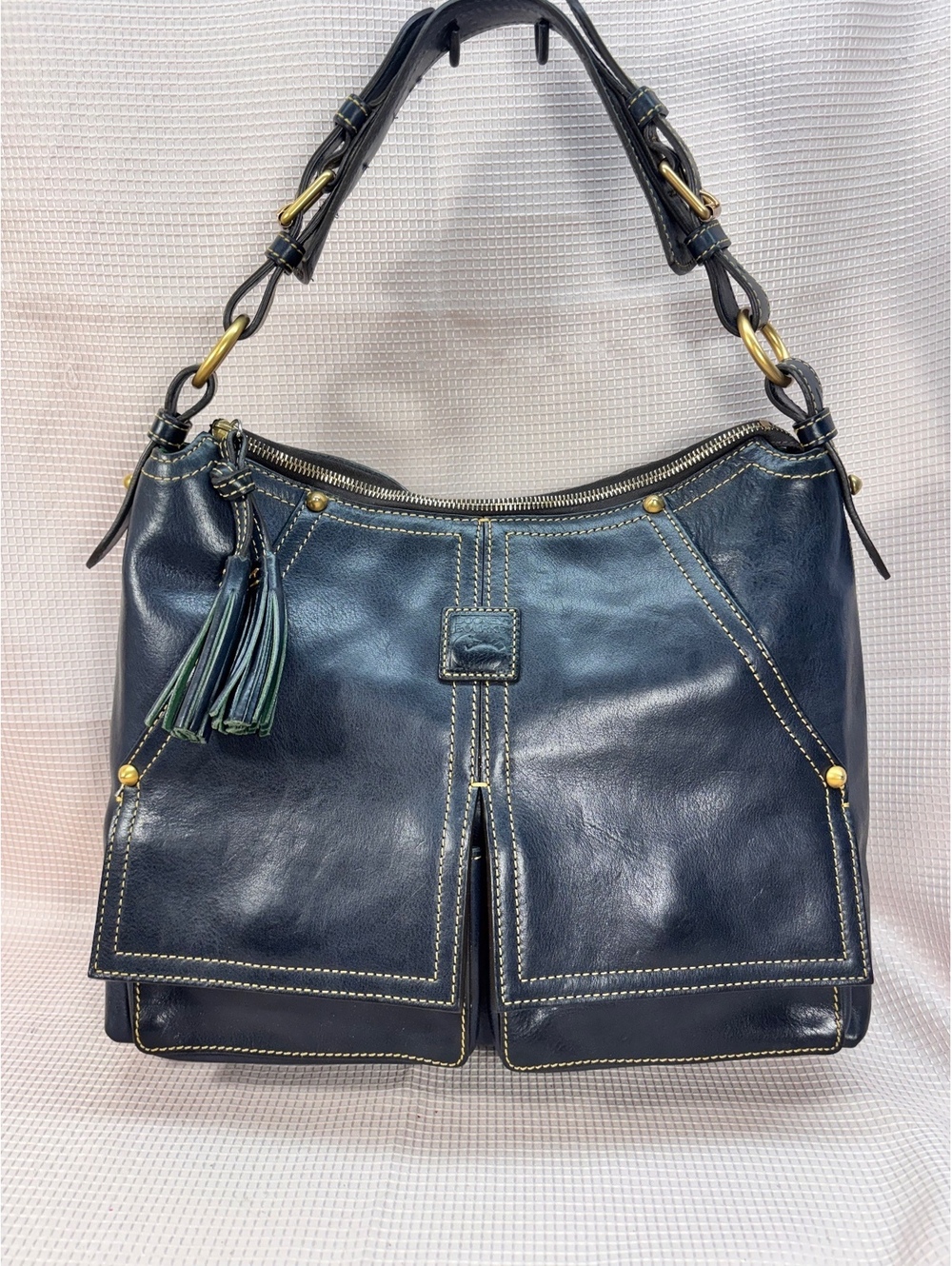 dark blue Dooney & Bourke Florentine Kingston Hobo leather handbag dual pockets
